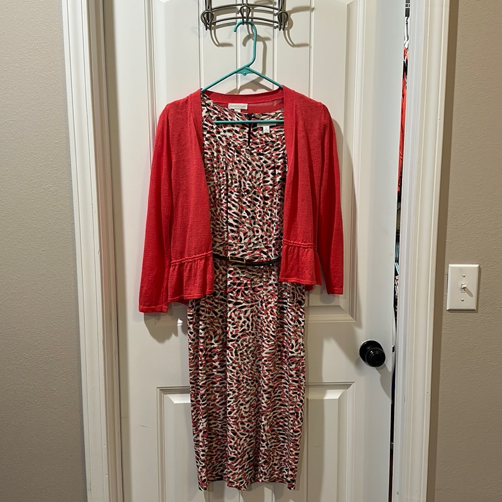 print dress with cardigan sweater